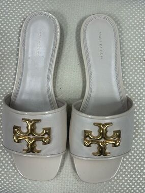 Tory Burch Cream Ivory Leather Slide Mules with Gold Logo size 8